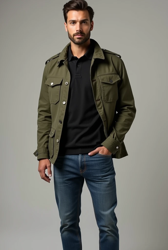 Create a clothing combination for a black polo shirt for men, with a combination with a military green jacket or jacket full body image, polo shirt, with blue jeans