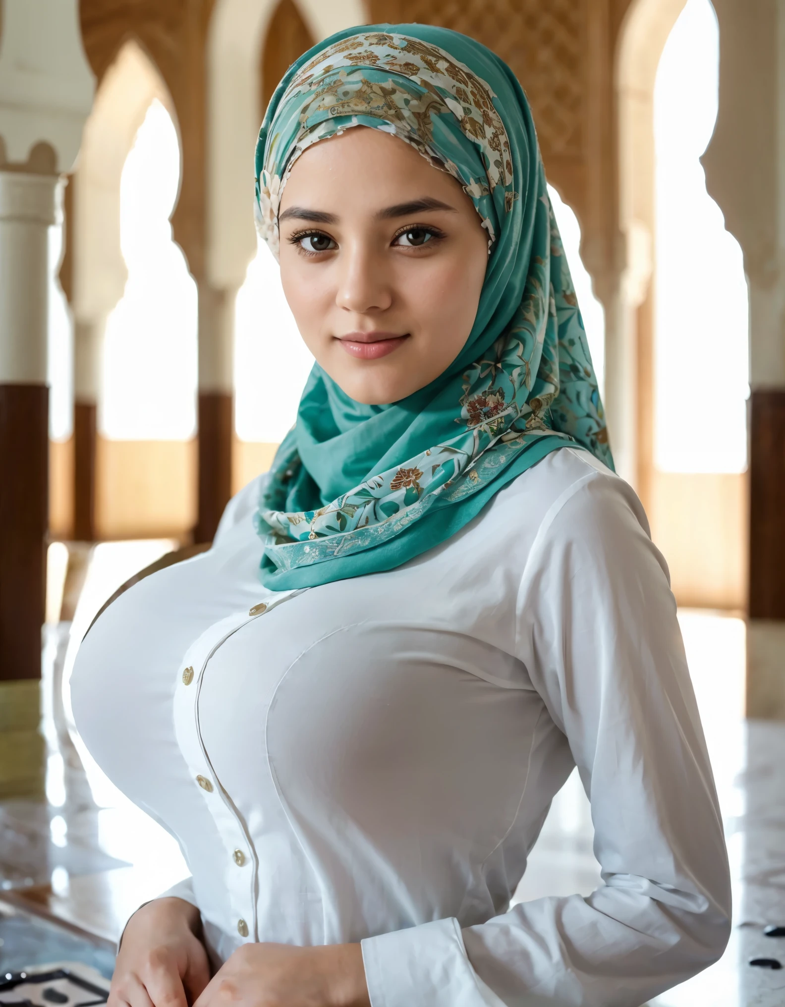 Produce a realistic portrait of a 2 woman wearing a hijab seated behind a white IKEA desk. The woman should be positioned slightly further back, allowing her upper body to be captured within the frame. She is depicted facing the camera directly, with a serene expression on her face. The desk behind her is adorned with subtle Ramadan decorations, such as lanterns or crescent moon ornaments, adding a festive touch to the scene. The lighting should be soft and natural, casting gentle shadows and highlights to create depth and dimension. The portrait should convey a sense of peace and contemplation, capturing the woman's connection to her faith and cultural identity during the holy month of Ramadan, big breast
