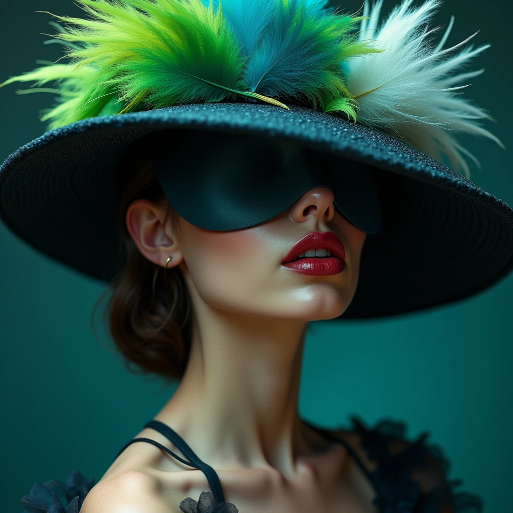 Mysterious portrait of a woman wearing a hat of green, white and blue feathers, only her eyes covered, lascivious and full lips exuding an enigmatic aura. She embraces to infuse the artwork with an ethereal melancholy and captivating quality, creating an image that she evokes. a sense of intrigue, mystery, excitement and mystique. Bright and vibrant colors. Excellent realistic representation. Magnificent image. Artist Paola Salome.