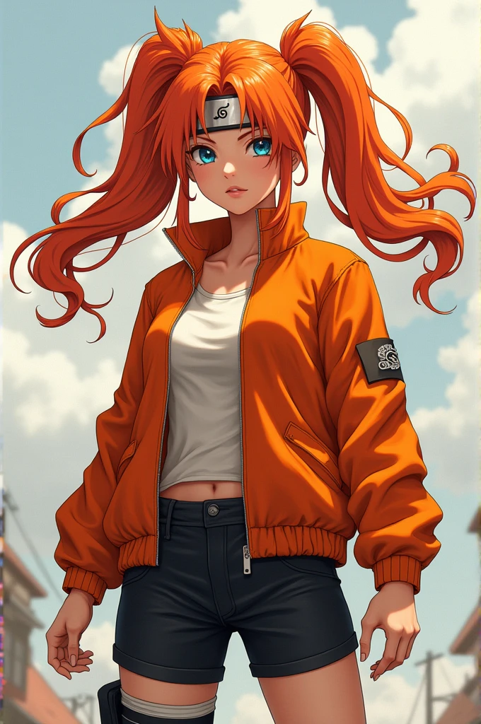Female Naruto uzumaki long hair pigtails burnt orange jacket black shorts