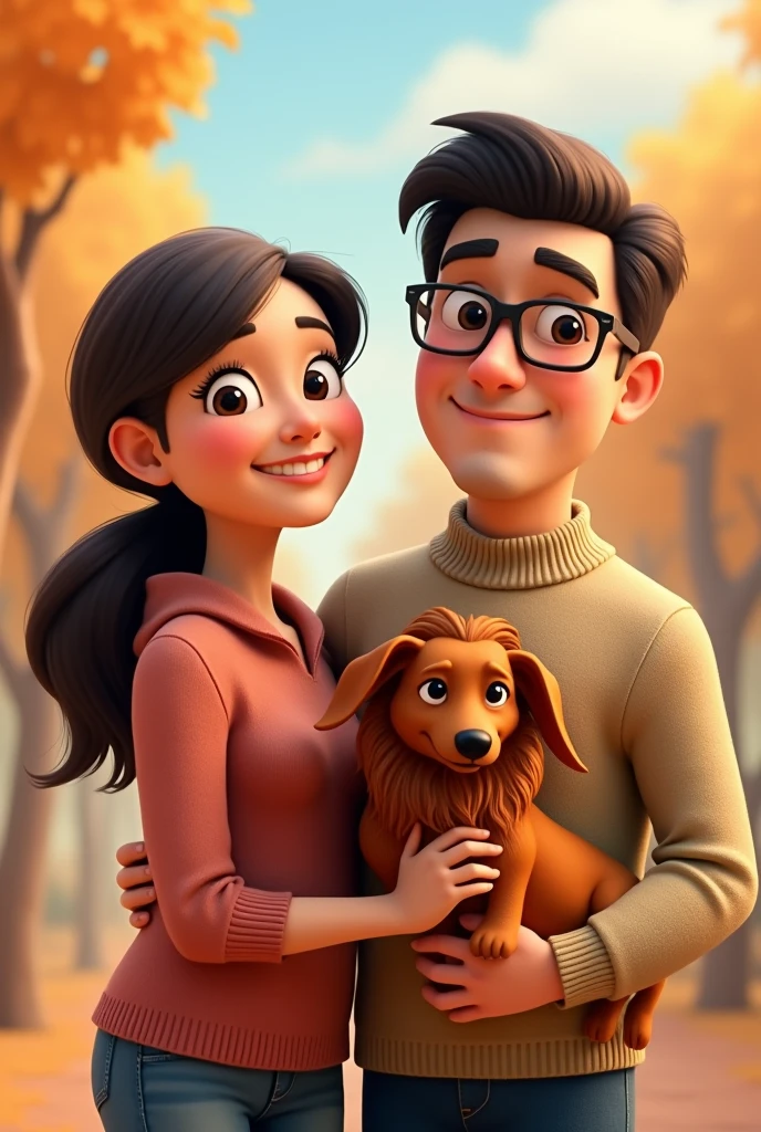 Pixar-style poster of a married couple, a lady with a triangular face and long straight brown hair, with a ponytail hairstyle without bangs, brown eyes with an elegant blue jacket a little chubby 50 years old a black haired gentleman, robust with rectangular shaped lenses, with a light brown sweater and a dachshund in a lion suit ADULTS without a beard 