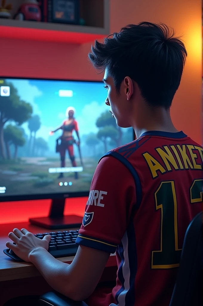 2)a man" playing free fire" game in game Free fire wearing a jersey kit number 12 his name "Aniket" write of jersey back.