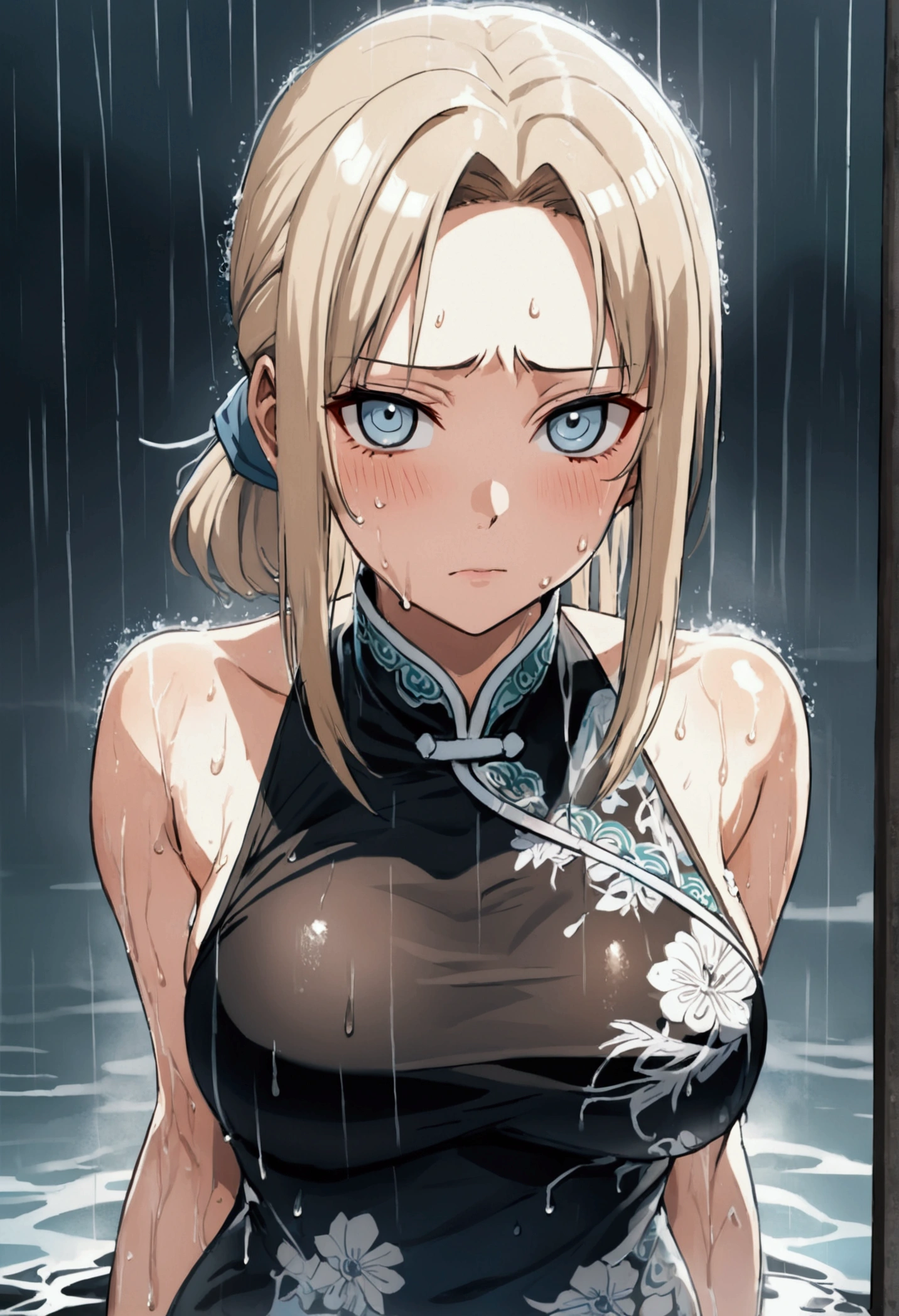 (8k, Highest quality, Manga style, View your viewers, Intricate details:1.3),(One woman, Tsunade from naruto), (China dress, See-through, Sweating, Full body portrait, Being hit by rain, Soaking wet)