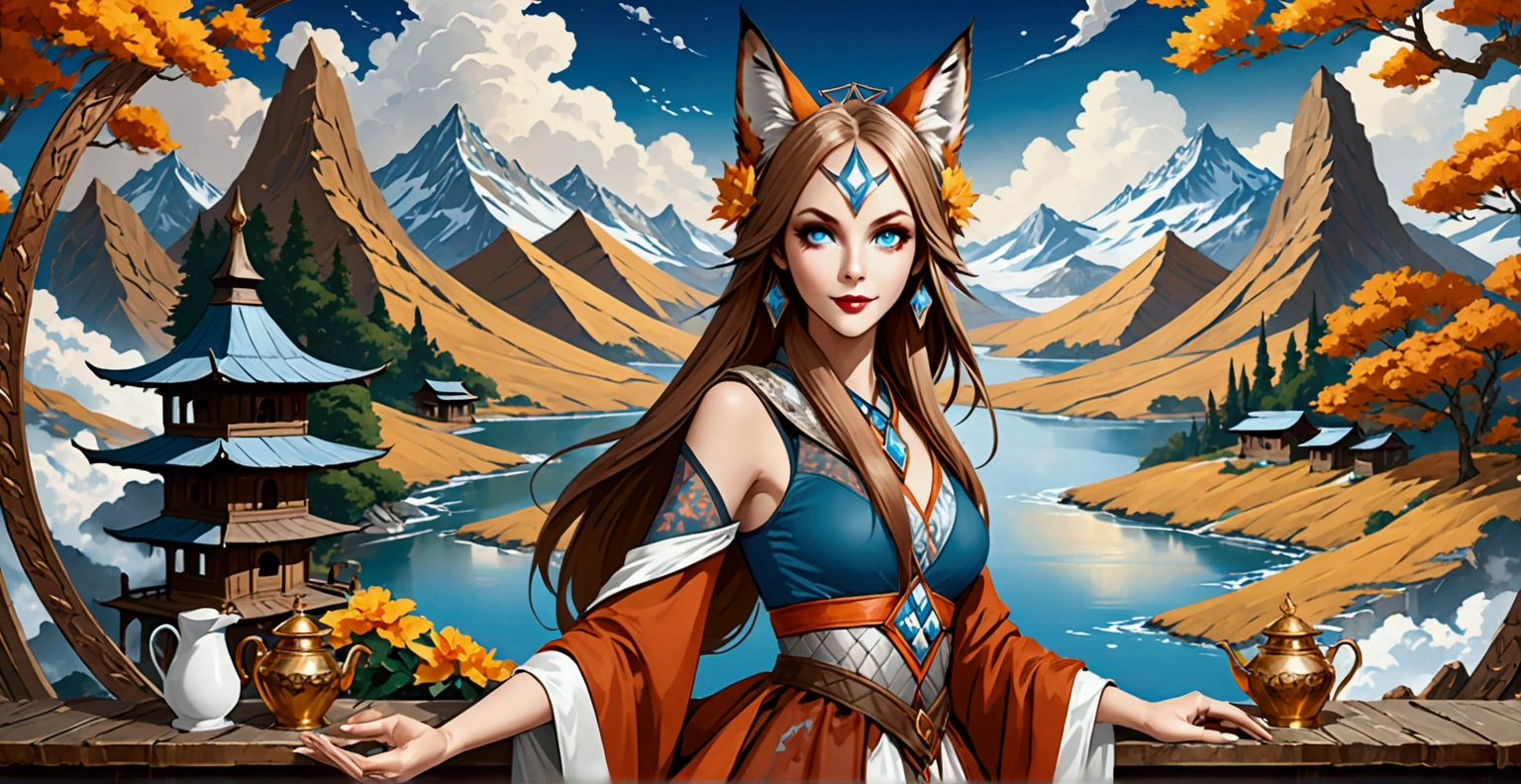 Anthropomorphic feminine kitsune enchantress. Official Art – An Award-Winning Digital Masterpiece In 4K Ultra HD, Extreme Detail And Intricate Realism. Symmetrical Face. This Concept Art Brought To Life By The Hands Of Artists Like Wlop & Artgerm In A Stunning 2D Vector Illustration. Background Is A Panoramic Vista.
