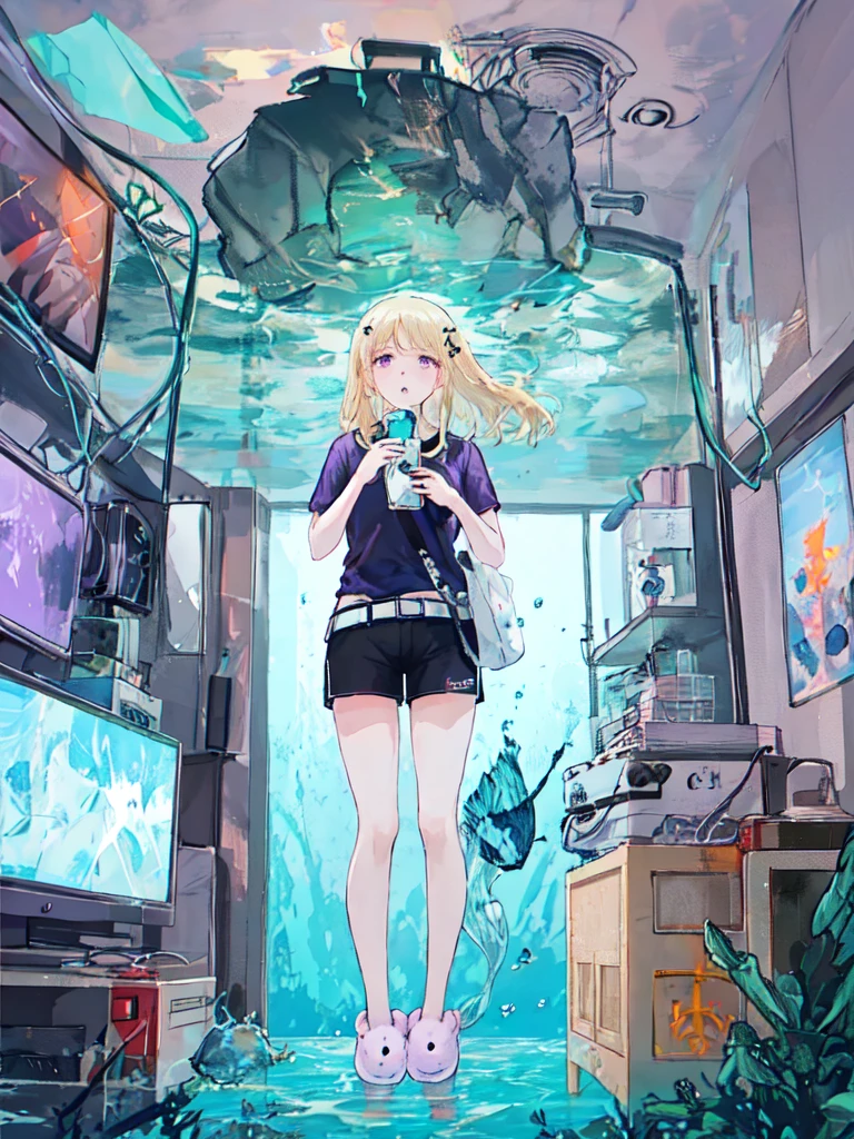 ((“Full body”))ChopioAyase, long hair, blond, shiny hair, purple eyes, hair clip, ((Anime Style)), background is room (“aquarium”), ((“myself in a giant aquarium reaching and struggling desperately” 2)), ((“myself in an aquarium”)), light purple, (diary), ((indigo slippers)), black shirt, frilly shirt, short sleeves, black belt, beige shorts, living room, standing, alone, lonely, lonely, desperate, foot-deep in saltwater, choking, bubbling, masterpiece, best, high quality, high quality Short Sleeve, Black Belt, Beige Shorts, Living, Standing, Alone, Lonely, Desperate, Foot-deep in Seawater, Choking, Bubbles, Masterpiece, Best, High Quality, High Quality Illustration, Anime Screen Capture, Very cute, Beautiful work, Detailed eyes, Beauty of face, Beautiful girl, 4K, High Quality Illustration, Anime Style, (“Realistic"), (Powerful), (Fantastic), (Cell Phone Sinking Underwater), ((mental Sinking Underwater)), (Hot Milk), (Cassette Tape), (Pedestrian Traffic Signal Light Sinking Underwater), Swimming Heart

