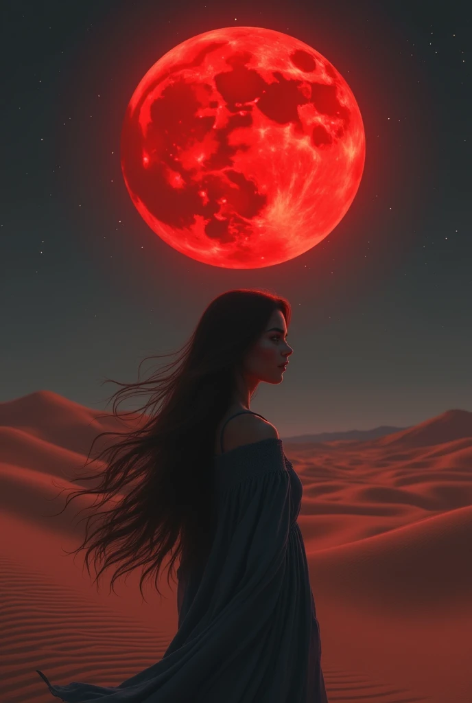 A brunette woman, with cat eyes, and serene countenance, watching the red full moon in the middle of the desert.