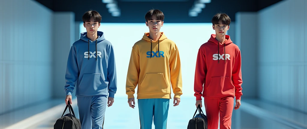 (photorealism:1.2), Three sportwear fashion handsome 18 yrs. old, k pop Asian male model, runway show full body holding sports bag pack, tank top casual wear style, SXR logo design, ultra-detailed, film photography, light leaks, trending on sportwear, sharp focus, studio photo, futuristic details, highly detailed