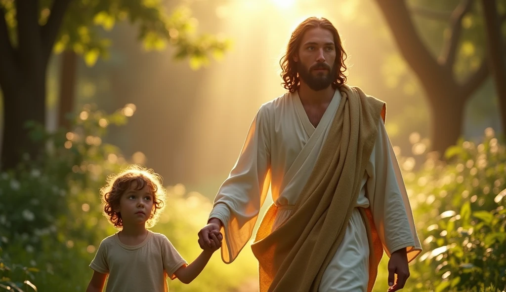 Descreva uma imagem de Jesus Christ walking in the enchanting garden of Eden with Adam. Adam is 2, short curl light brown hair, green eyes. Jesus is 3, light blue eyes, very handsome, emanating a divine aura and looking directly into the camera with a penetrating and compassionate gaze. The scene around him radiates a sense of serenity and transcendence, com cores suaves e uma atmosfera celestial. Highlight the details of the expression on your face, the sparkle in your eyes and the sense of peace and grace that your presence radiates in this sacred moment, 32K UHD, Style Raw, Afternoon sun, warm tone, cinematic