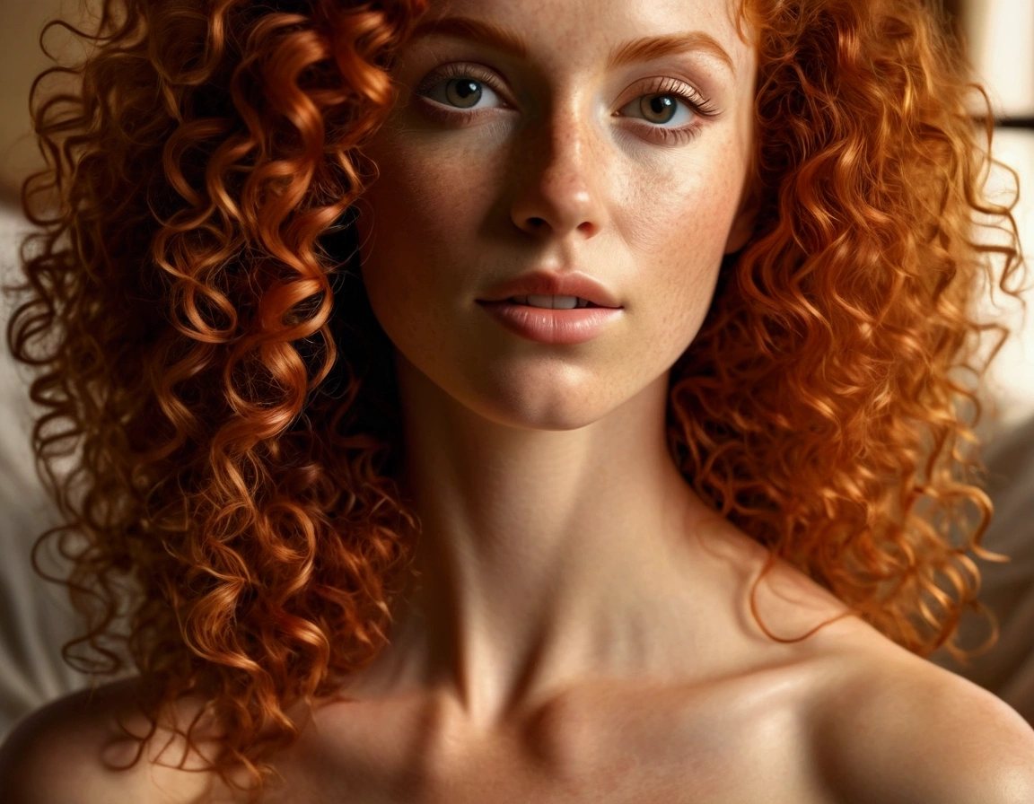 a beautiful redheaded curly-haired woman posing nude on a bed, detailed facial features, perfect skin, elegant pose, dramatic lighting, warm color tones, cinematic composition, (best quality,8k,highres,masterpiece:1.2),ultra-detailed,(realistic,photorealistic,photo-realistic:1.37),intricate details,dramatic lighting,warm color palette,cinematic composition