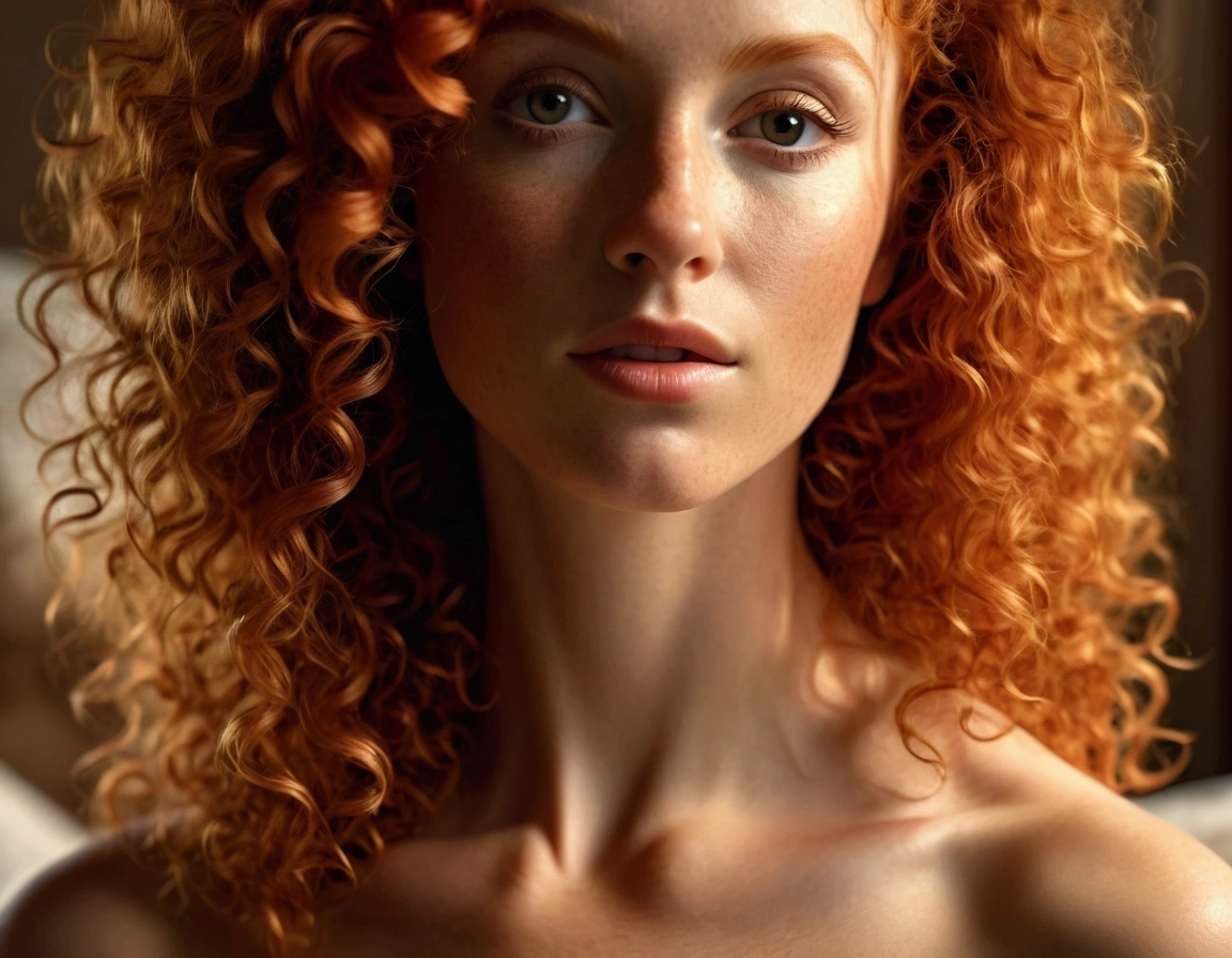 a beautiful redheaded curly-haired woman posing nude on a bed, detailed facial features, perfect skin, elegant pose, dramatic lighting, warm color tones, cinematic composition, (best quality,8k,highres,masterpiece:1.2),ultra-detailed,(realistic,photorealistic,photo-realistic:1.37),intricate details,dramatic lighting,warm color palette,cinematic composition