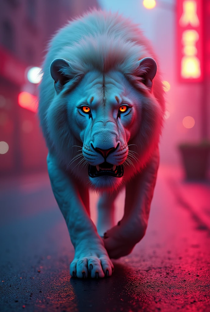 White Lion with redish eye with anger walking in the road background with red and blue neon lights