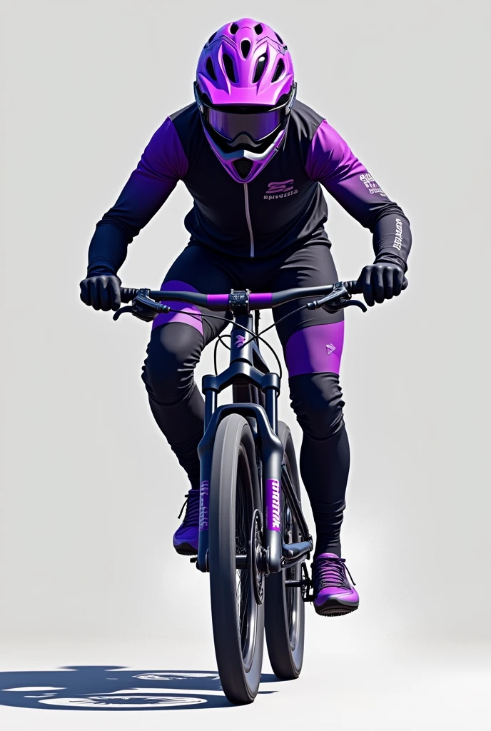 Make a 2D mountain bike character in black and purple uniform with rally helmet on a gray background