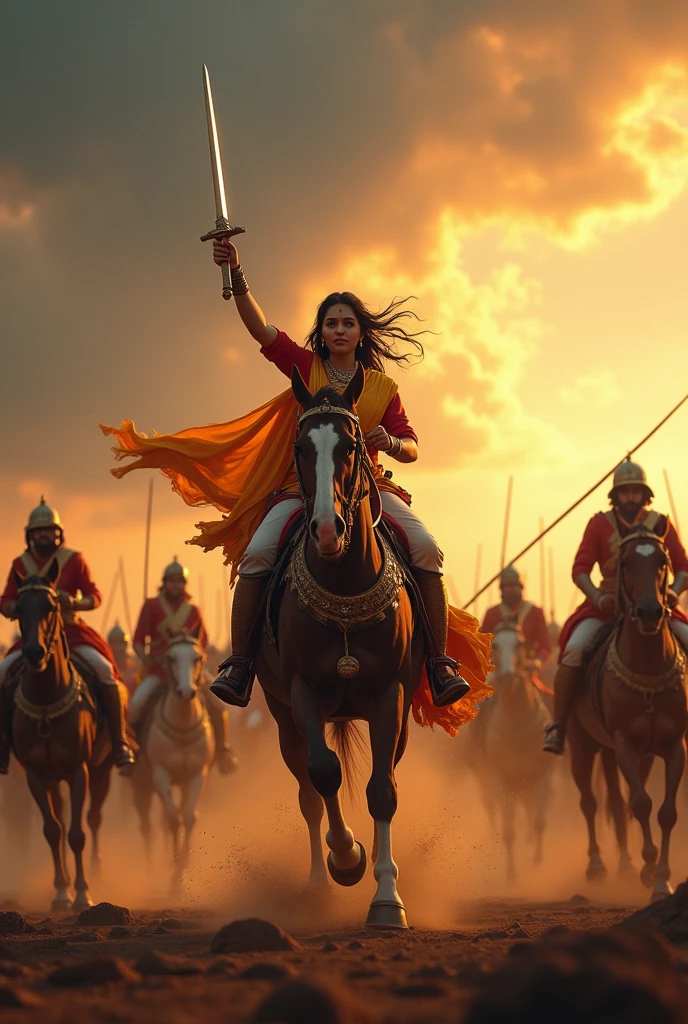 Indian queen in battle,on a horse,in warrior suit,background full of warrior,hyperrealistic,4k