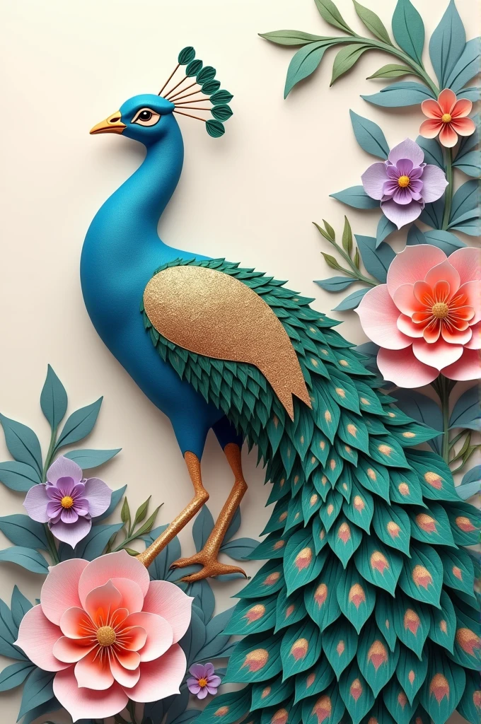 Wallpaper art, paper peacock, with paper flowers
