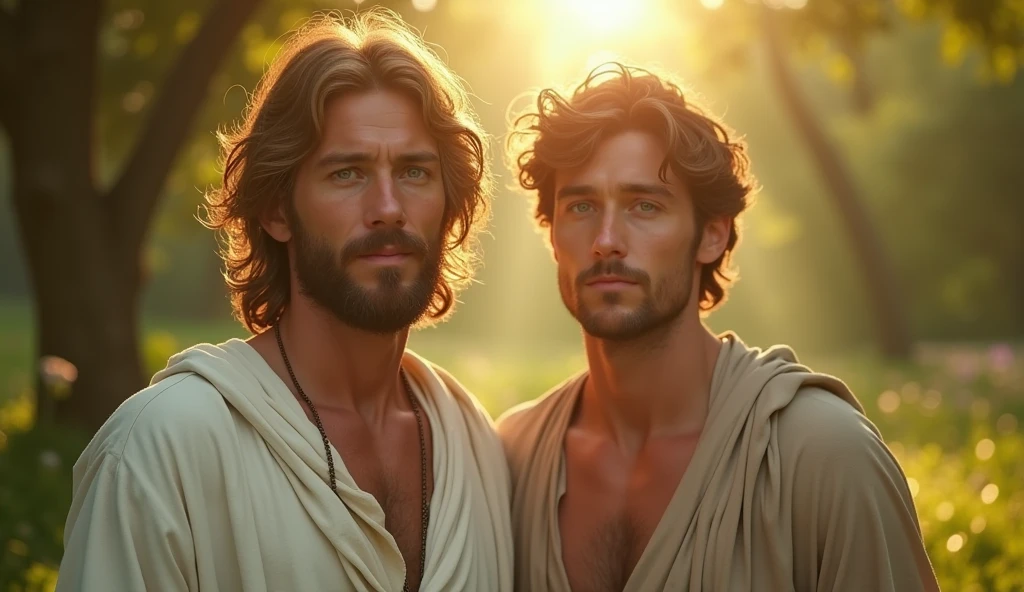 Descreva uma imagem de Jesus Christ walking in the enchanting garden of Eden with Adam. Adam is in his late 20s years old, short curl light brown hair, green eyes. Jesus is 3, light blue eyes, very handsome, emanating a divine aura and looking directly into the camera with a penetrating and compassionate gaze. The scene around him radiates a sense of serenity and transcendence, com cores suaves e uma atmosfera celestial. Highlight the details of the expression on your face, the sparkle in your eyes and the sense of peace and grace that your presence radiates in this sacred moment, 32K UHD, Style Raw, Afternoon sun, warm tone, cinematic