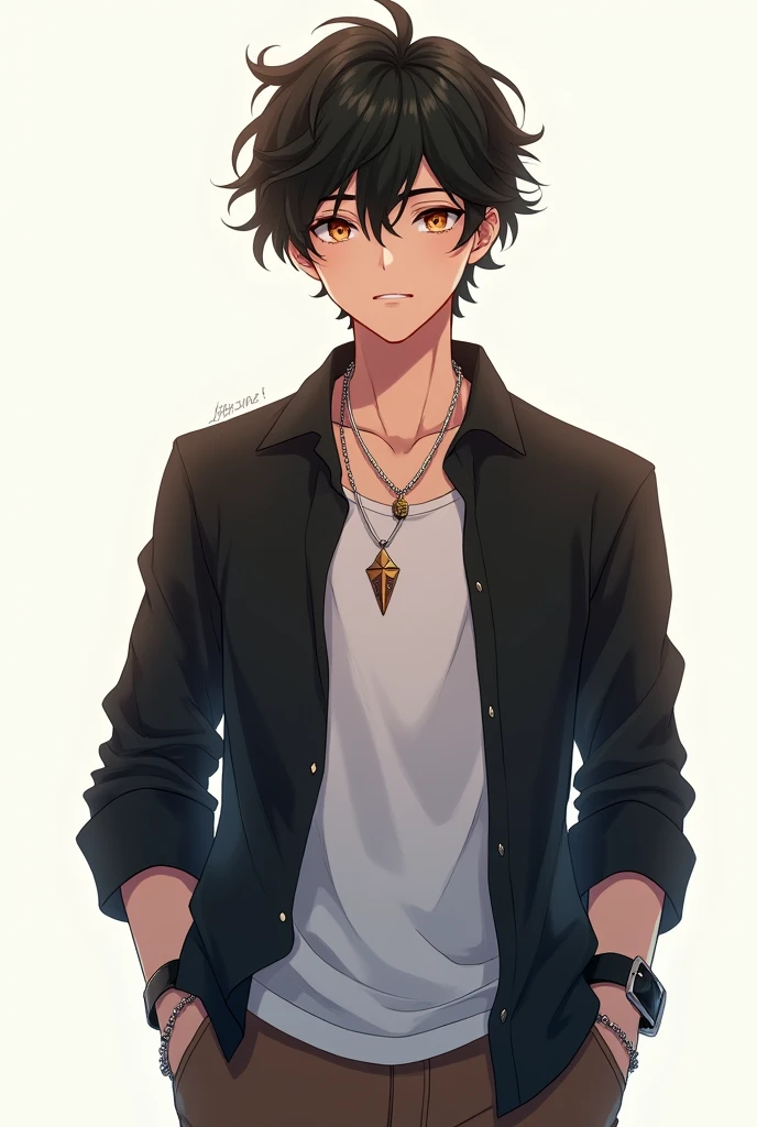 1man, curly black hair, brown yellow eye, wearing a black shirt, white t shirt, brown pant, necklace, light, white, high res, 8k, masterpiece, looking at viewers, anime version 