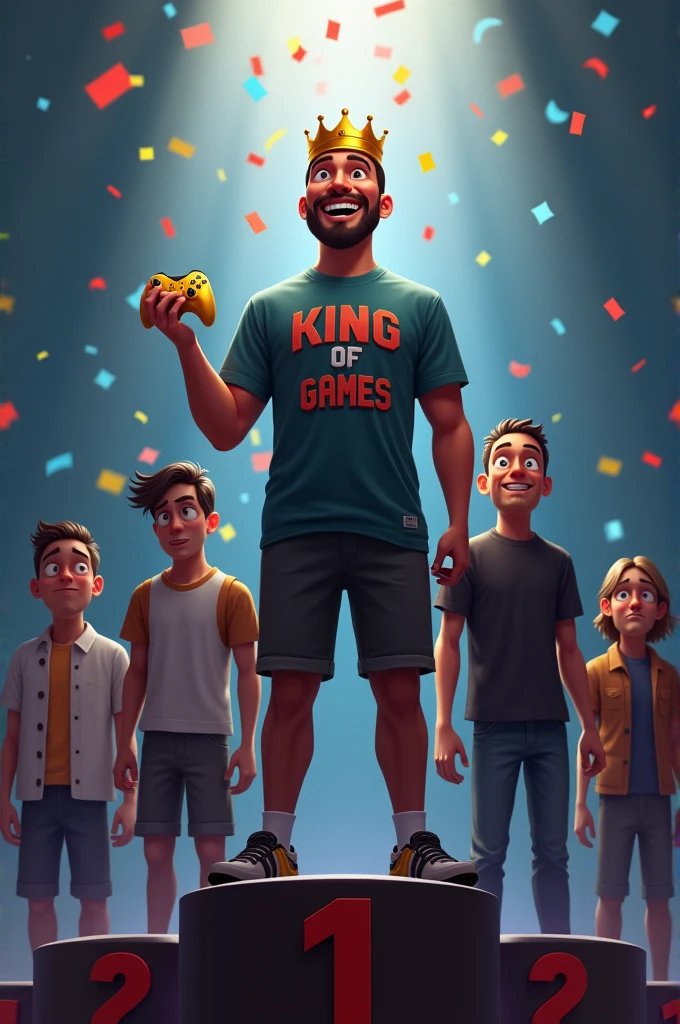 
"Create a podium with five places. In the first place, show a man standing proudly, holding a golden game controller. He is wearing a champion's crown and a shirt that says 'King of Games.' The man should have an intense, triumphant smile, radiating pure joy. From the second to fifth places, depict people who are visibly devastated, crying with tears streaming down their faces, and showing deep sorrow and frustration. The contrast between the champion's happiness and the overwhelming sadness of the others should be stark. The background features confetti falling only around the first-place winner, emphasizing his victory, while the other competitors are left in the shadow of defeat." 

This prompt should create a powerful contrast between the winner's joy and the other competitors' misery.