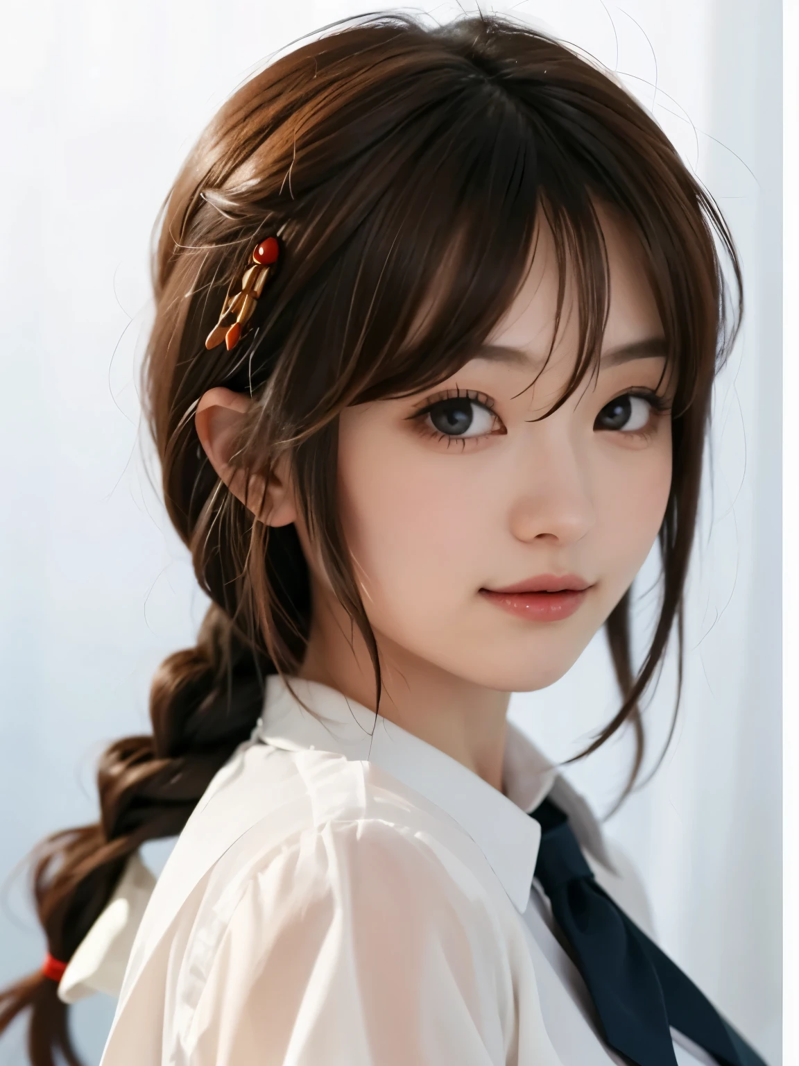 (8k, RAW Photos, Highest quality, High resolution:1.1), (Best image quality:1.35), High resolution, Realistic photos, (One Woman:1.33), Beautiful expression, (Detailed eyes:1.4), (Iris:1.4), (Detailed face:1.35), 
(Shiny Hair:1.4), 
BREAK the Beauty of Japan, cute girl, Pretty girl, Japanese girl,
BREAK (see-through silhouette:1.3),
BREAK white collared shirt, short sleeve, tiered skirt, Transparent nipples,
BREAK walking, Petite, Lean Body, full Breasts, smile, 
BREAK 1girl, solold, shigure, (hairs between eyes:1.5), ahoge, single braid, hair ornament, hair flaps, hand ribbon, 
BREAK in the street,
