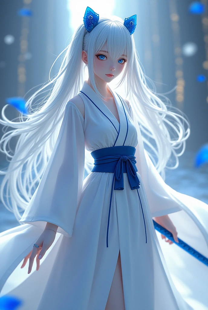 A kny character with white hair with dark blue highlights, blue eyes and white skin with a light blue katana and a white haori with blue details and a costume consisting of a long skirt open on the sides, with a not very prominent body and pretty