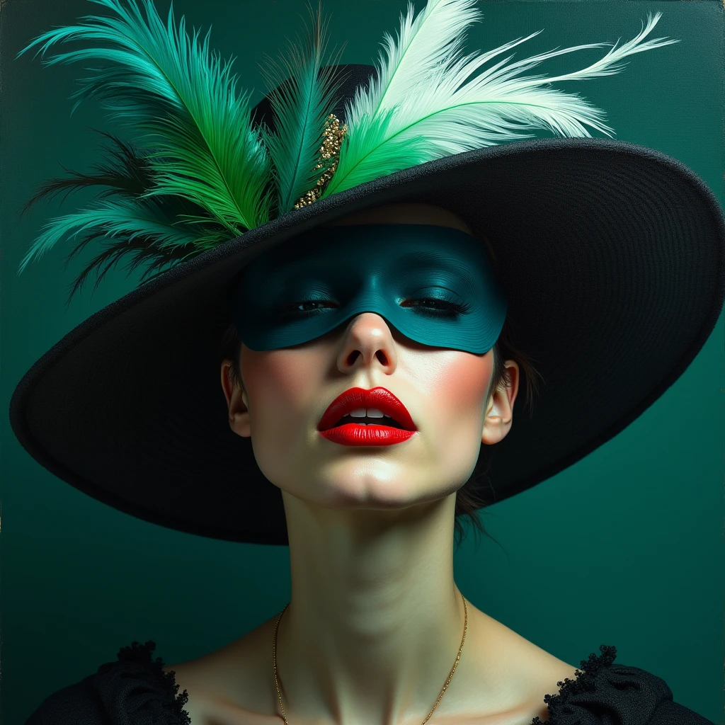 Mysterious portrait of a woman wearing a hat of green, white and blue feathers, only her eyes covered, lascivious and full lips exuding an enigmatic aura. She embraces to infuse the artwork with an ethereal melancholy and captivating quality, creating an image that she evokes. a sense of intrigue, mystery, excitement and mystique. Bright and vibrant colors. Excellent realistic representation. Magnificent image. Artist Paola Salome.