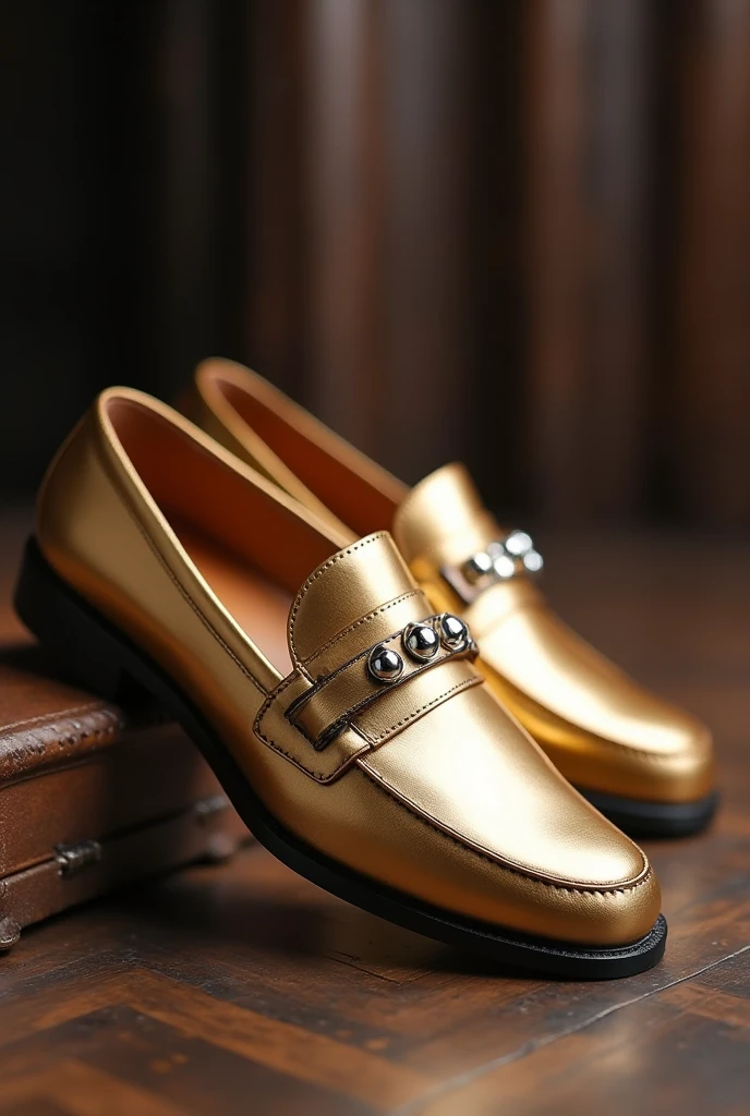 Men's gold loafer shoes with silver pins