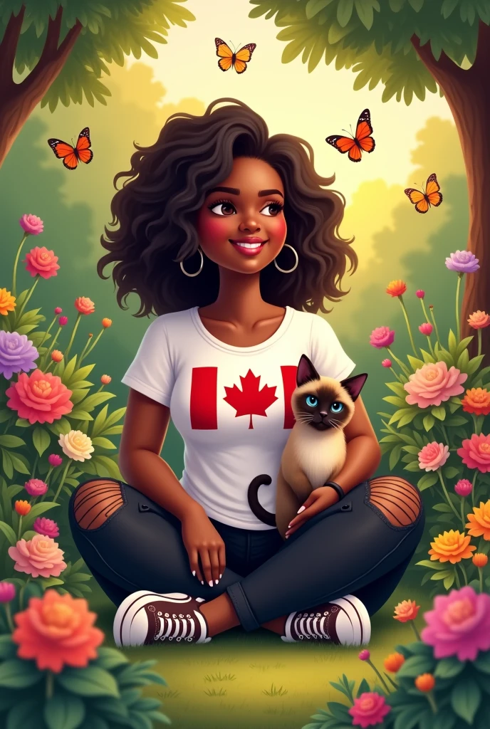 
A slightly chubby black woman with curly hair, a white t-shirt with the Canadian flag, black jeans ripped at the knee and sneakers,  she is in a garden full of flowers with the sunset in the background around her full of colorful butterflies with a Siamese kitten on her lap and sitting cartoon 