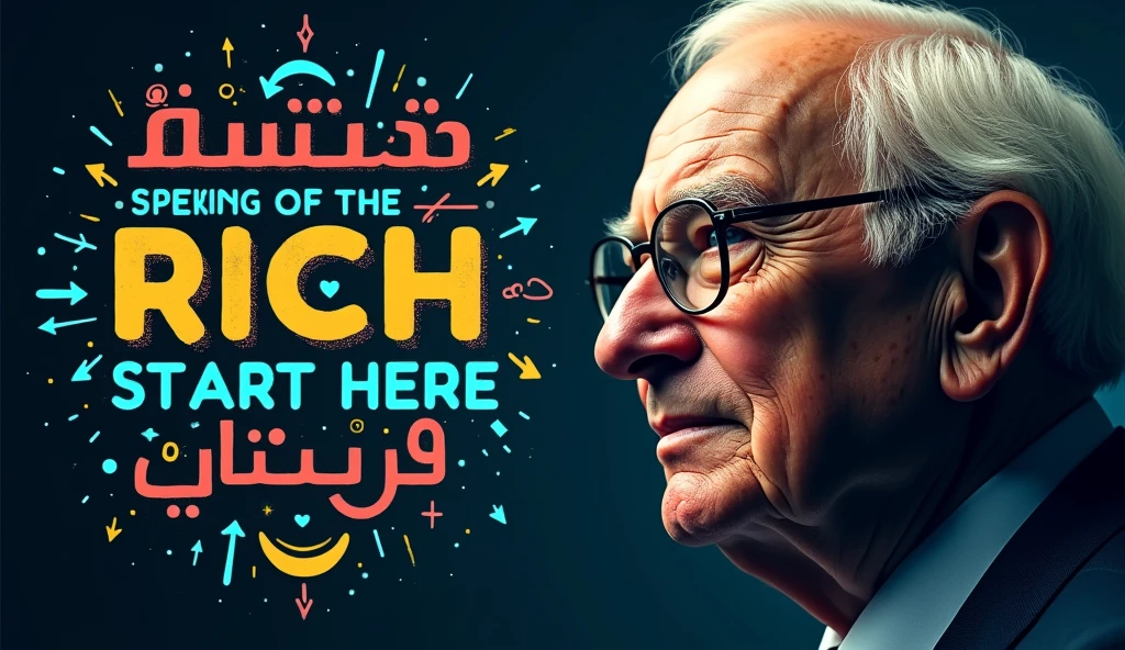 tumbnail for a video with the image of Warren Buffet, on the right side his face, and on the other side of the image something related to the brain and financial mindset, with the following text in Arabic with colored letters: the secret of the rich, start here, put some arrows pointing to start here