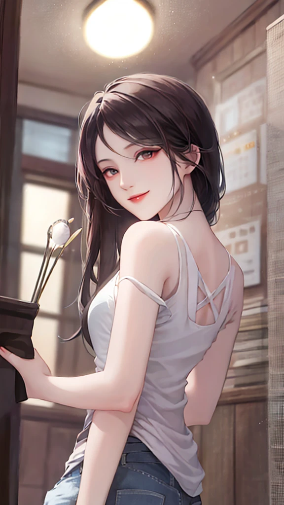 straddle girl, casual, from below, gently smile, hairpin