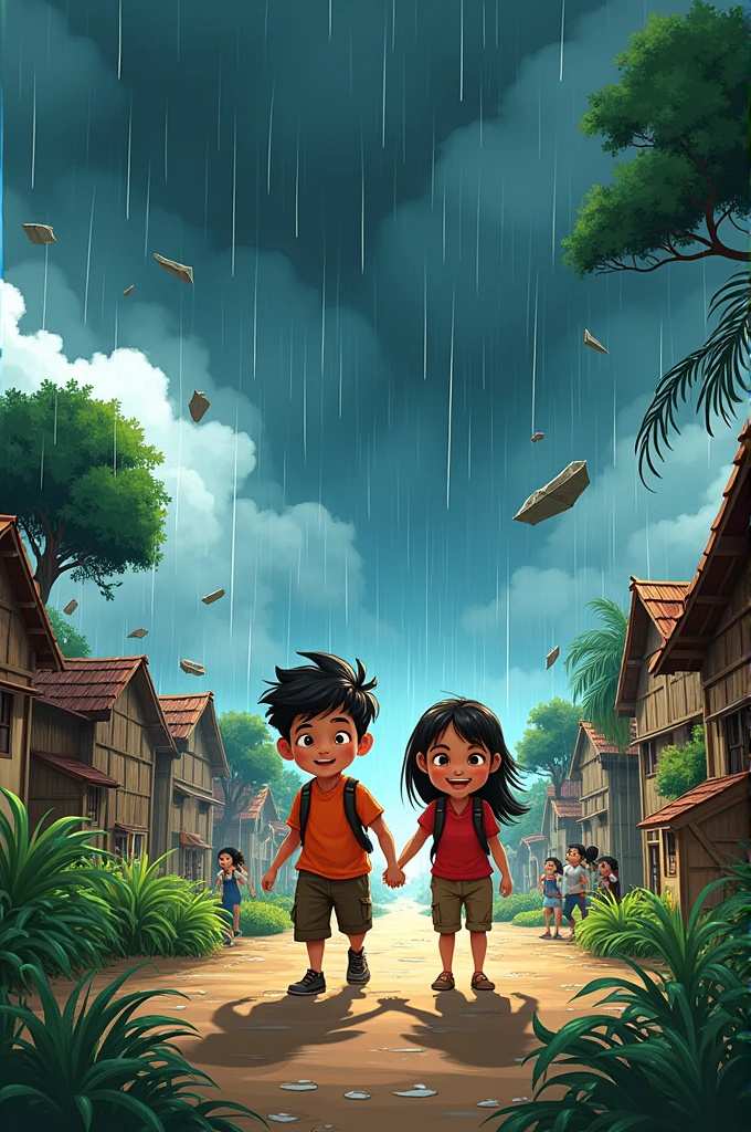 Cartoon of a small village during a fierce storm with strong winds and rain. Two friends, one guiding villagers to safety and the other securing crops, are shown working together with a sense of determination and teamwork."