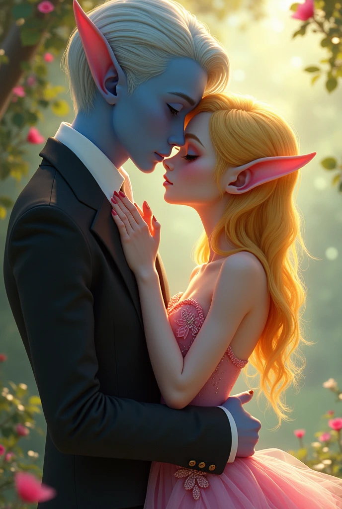 work of art, yellow haired elf woman, 小柄, vestido 小柄 rosa de borboleta, sleeveless, hugging her boyfriend, Blue skinned boyfriend, elf ears, Black Suit