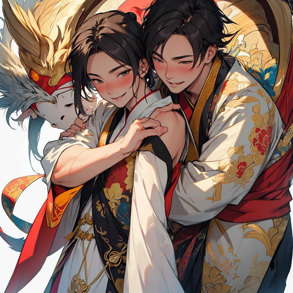 Create an image of a homosexual male couple. The couple must be hugging each other, with happy and loving expressions, Chinese art.High resolution, blush, smile, simple background, masterpiece, The best quality, High details, quality, Very detailed, shine,