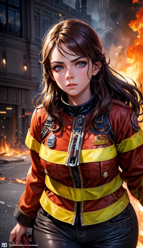 A heroic firefighter girl, beautiful detailed eyes, beautiful detailed lips, extremely detailed face and skin, long eyelashes, brown hair, firefighter uniform, determined expression, dynamic pose, fire engine, burning building, dramatic lighting, cinematic composition, vibrant colors, digital art, concept art, highly detailed, 8k, photorealistic, masterpiece