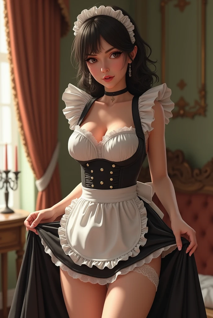 A naughty looking maid lifting her maid dress showing her white panties