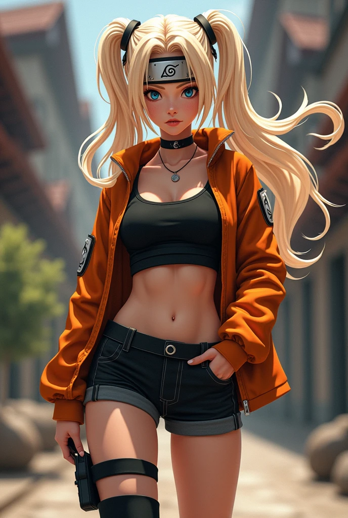 Female Naruto uzumaki long blonde hair pigtails burnt orange jacket black shorts black tank top black thigh high stockings black choker