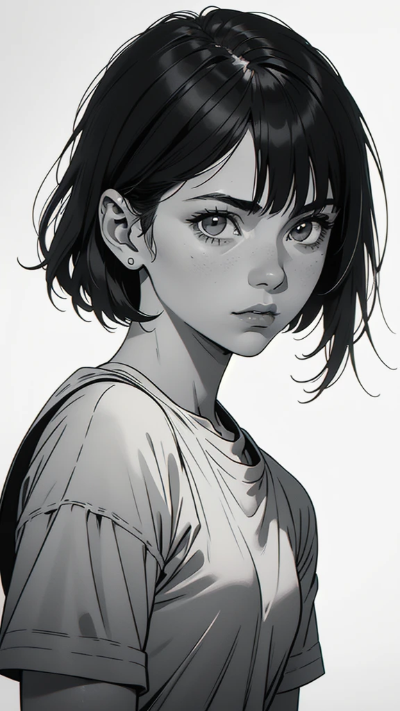 1 boyish girl, solo, sharp eyes, expressionless, monochrome, greyscale, short black hair, portrait, white T-shirt, closed mouth, looking at viewer, graphite \(medium\), detailed lips, hatching \(texture\), without makeup, bangs, upper body, (best illustration), (best quality), (very detailed), (masterpiece), expressionless,