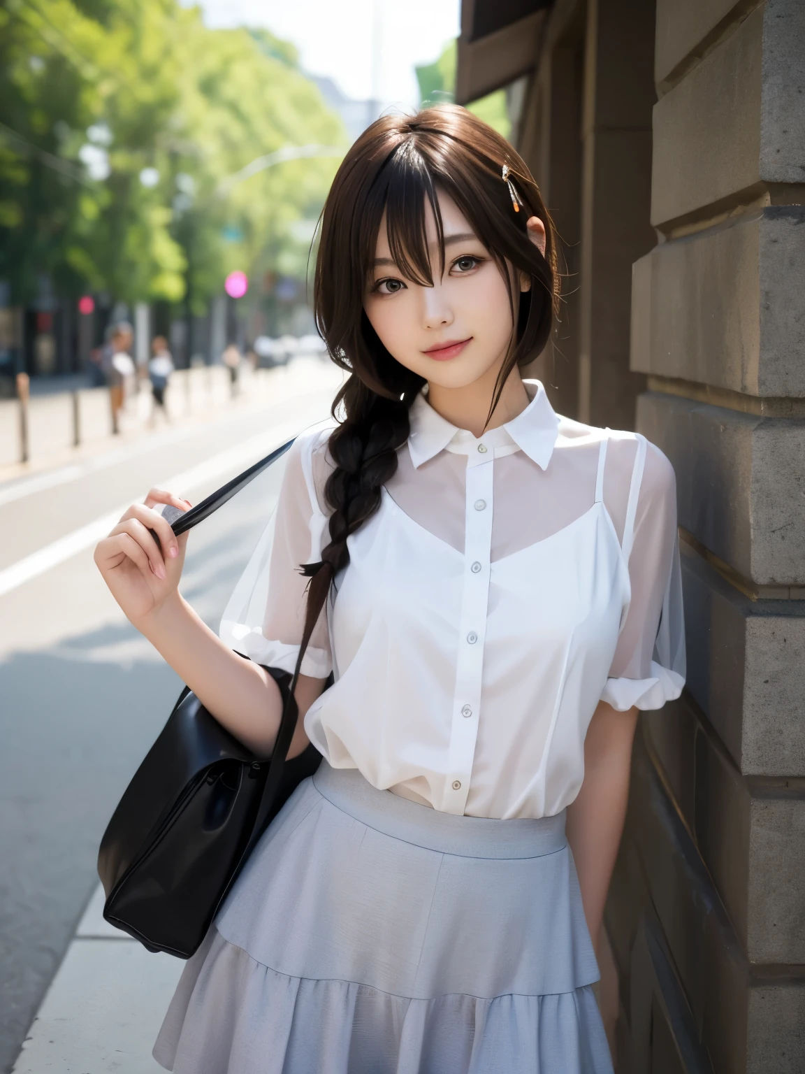 (8k, RAW Photos, Highest quality, High resolution:1.1), (Best image quality:1.35), High resolution, Realistic photos, (One Woman:1.33), Beautiful expression, (Detailed eyes:1.4), (Iris:1.4), (Detailed face:1.35), (Shiny Hair:1.4),
BREAK the Beauty of Japan, cute girl, Pretty girl, Japanese girl,
BREAK (see-through silhouette:1.3),
BREAK white collared shirt, short sleeve, tiered skirt, Transparent nipples,
BREAK walking, Swayback stance, model pose, Petite, Lean Body, full Breasts, smile,
BREAK 1girl, solold, shigure, (hairs between eyes:1.5), ahoge, single braid, hair ornament, hair flaps, hand ribbon,
BREAK in the street,