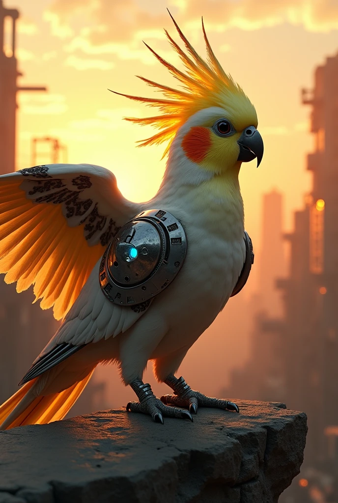 Male cockatiel with robotic wings,olho bionico , and steel beak in a post-apocalyptic environment in a high definition dawn
