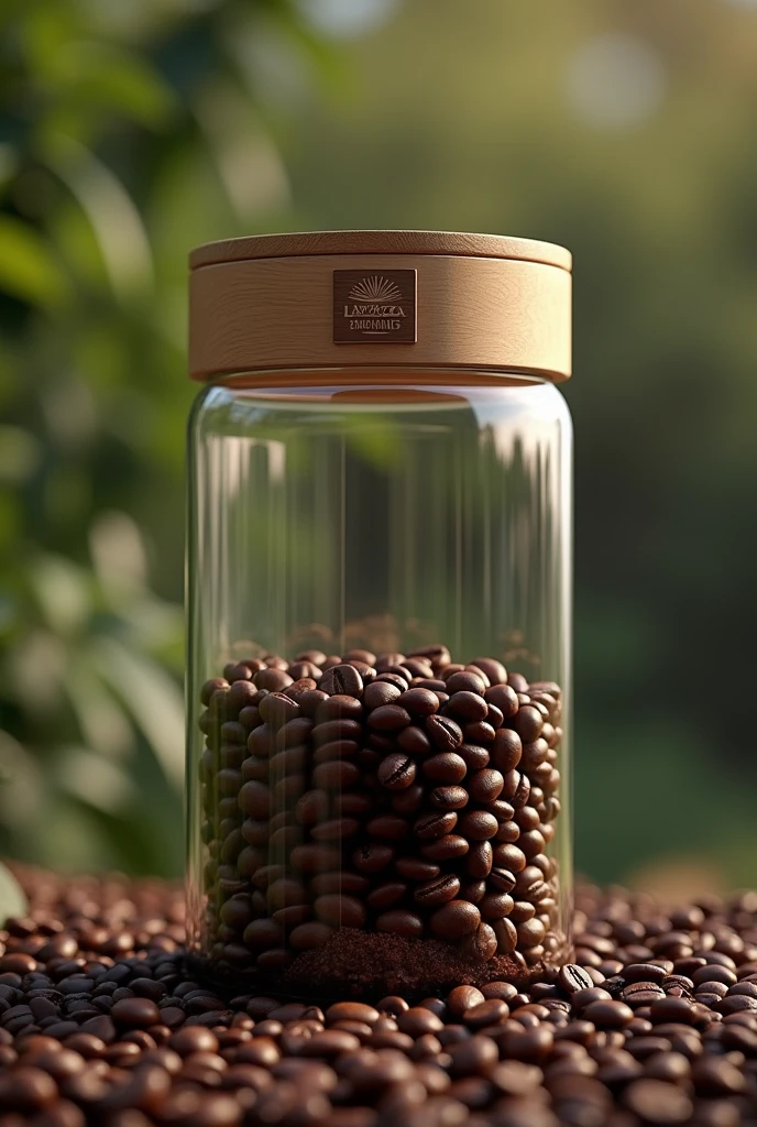 Sustainable and innovative giant glass coffee packaging with a wooden lid with a label that says Lavazza
