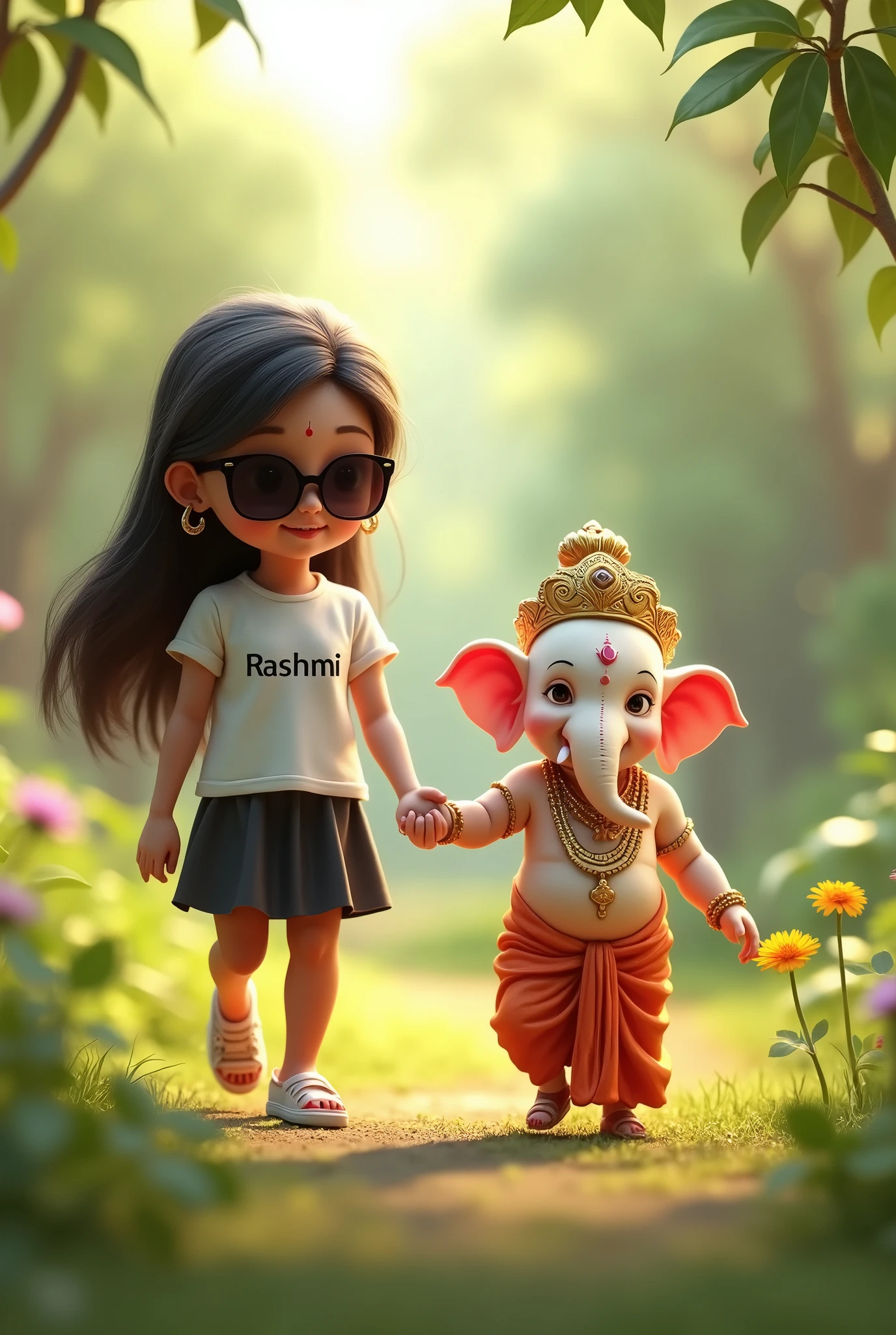 Create a 3D rendered image of a Child girl with long, flowing hair, wearing sunglasses and a white T-shirt with the name 'RASHMI' printed on it and Black skirt. The girl is holding hands and walking with a cute, anthropomorphic version of the Hindu deity Child Ganesha. Ganesha is depicted with a white, slightly chubby elephant head, adorned with traditional jewelry and a crown. The background is a serene, green, garden-like environment with soft lighting, creating a warm and peaceful atmosphere.