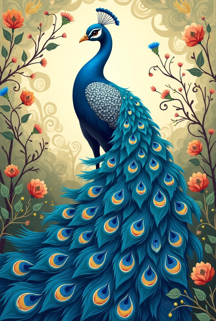 A blue peacock in an illustrated style