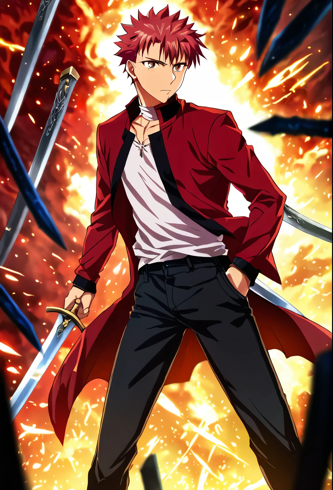 1boy, solo, redhead, Shirou Emiya, fate stay night, black pants, white shirt, black jacket, casual look, surrounded by swords, (best quality,4k,8k,highres,masterpiece:1.2),ultra-detailed ,intricate details,sharp focus,studio lighting,vibrant colors,dramatic lighting,cinematic composition