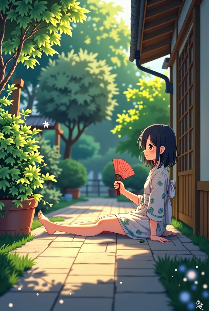 Ghibli style House patio floor Sit down with your legs stretched out A girl in a pure and romantic yukata Cooling off with a fan Summer evening
