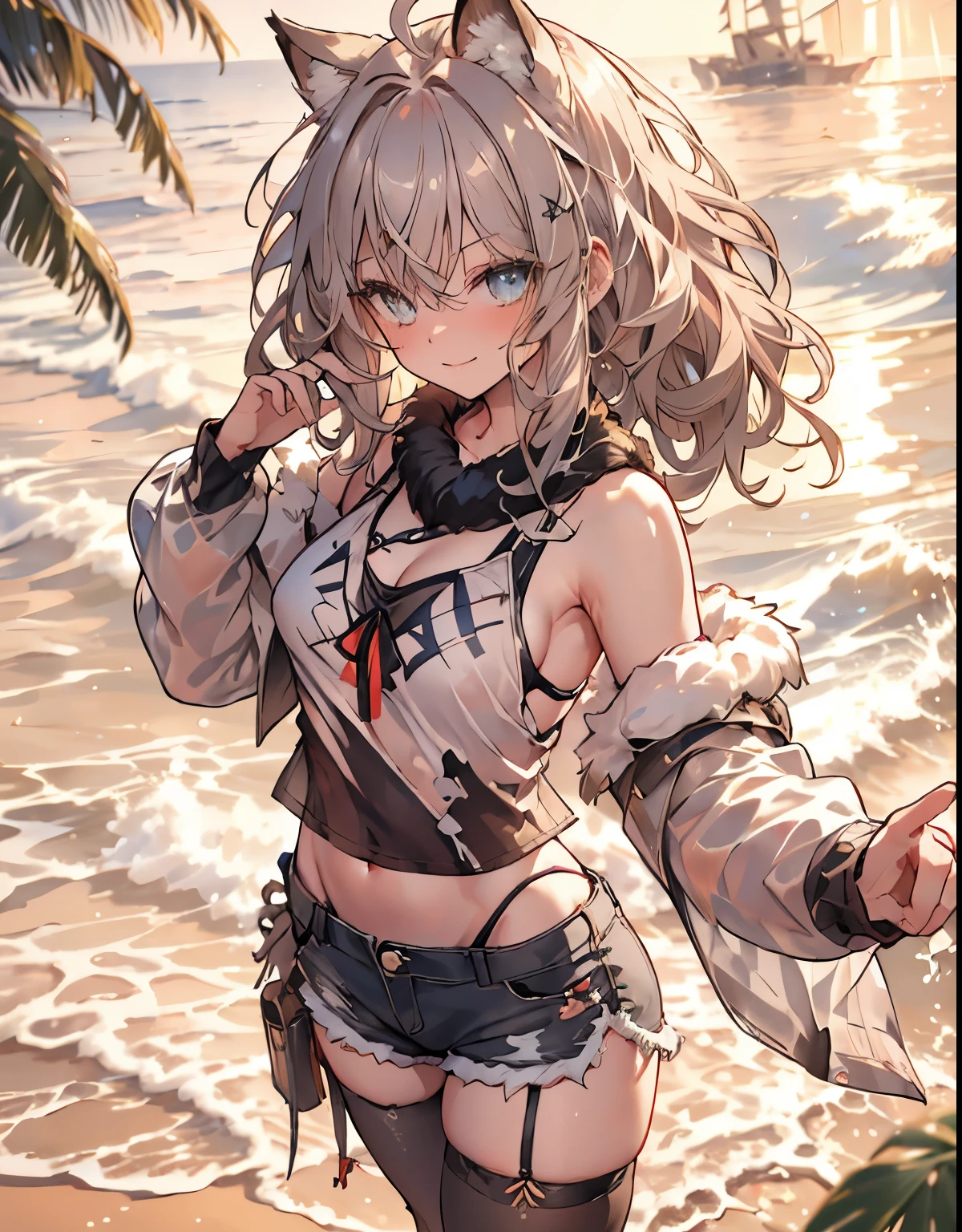 masterpiece, 1 boy, sparrow, a silver haired boy, wearing a bikini clothes, curly medium hair, messy hair, slim body, he close her left eye, shirt ornament, ruby eyes, ahoge, baby face, long sleeves, beautiful eyes, white stocking, droopy eyes, her age is 1, lynx landau, seductive face, medium hair, seductive smile, curly hair, villa on the beach, MongolPunkAI, furry stocking, medium breasts, view from right above, she tease you, lend a hand to you, she very close to you, smug smile, rainbow_one, black tanktop, furry shorts