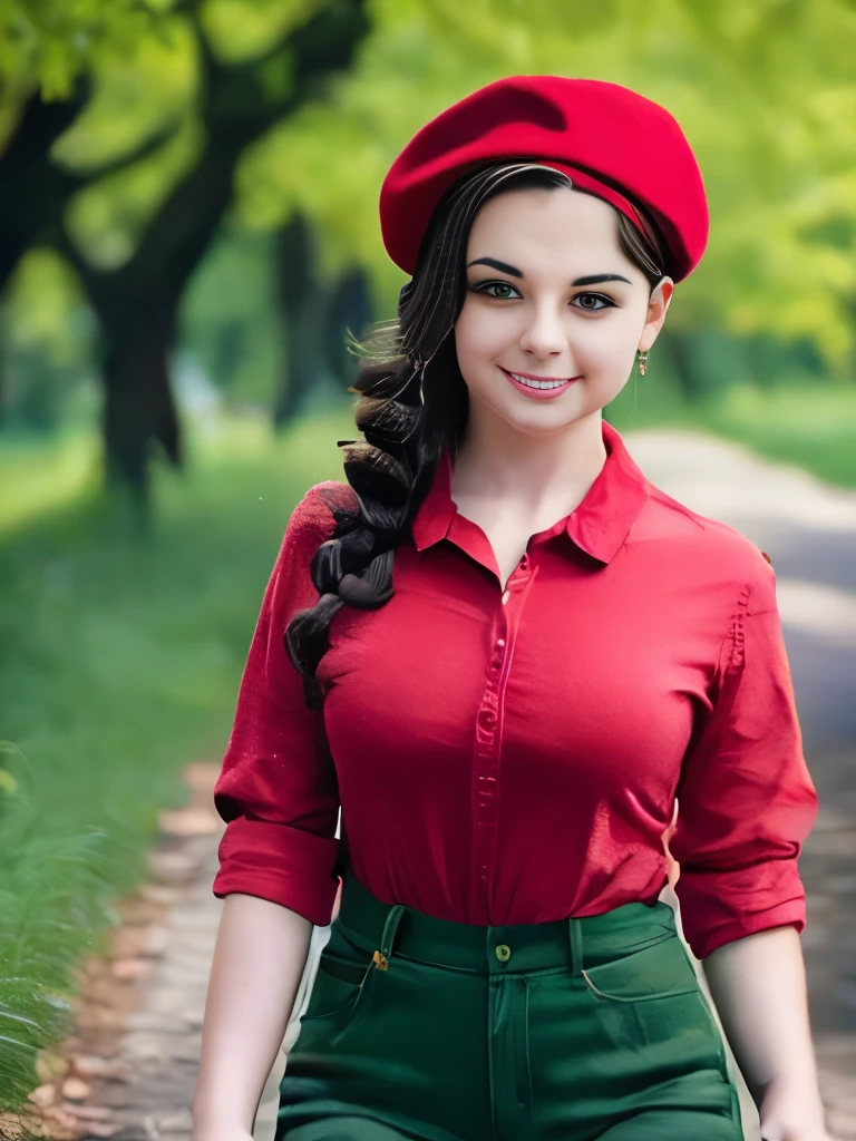 Masterpiece, Best Quality, 8K, Photographic Reality, Realistic, a girl ,20, with brown eyes, dark hair, wearing a collared shirt and red beret, walking through a forest