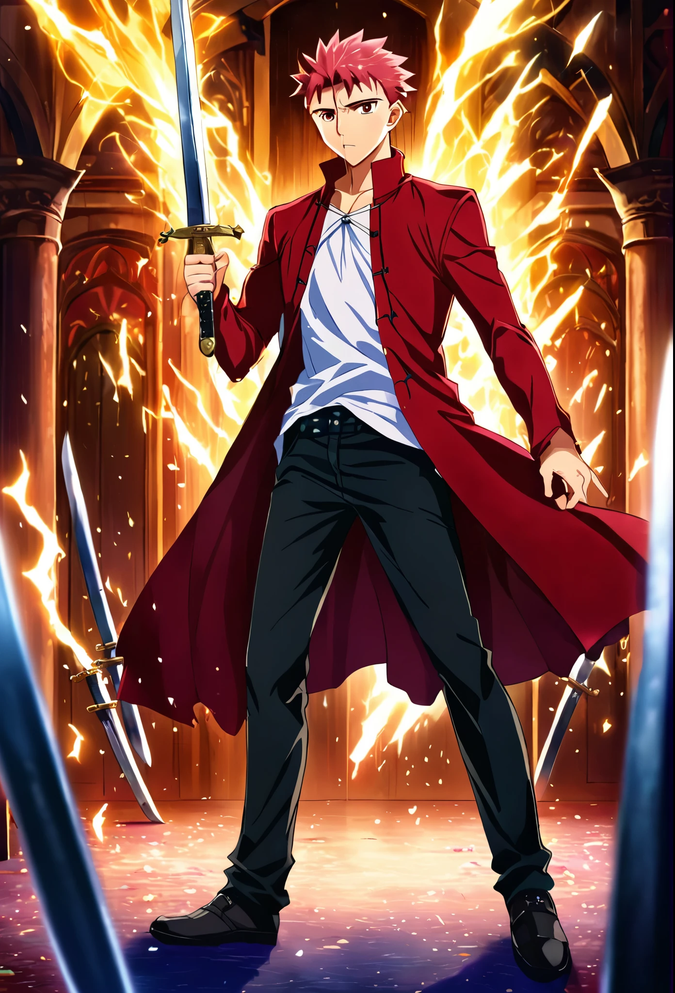 1boy, solo, redhead, Shirou Emiya, fate stay night, black pants, white shirt, black jacket, casual look, surrounded by swords, (best quality,4k,8k,highres,masterpiece:1.2),ultra-detailed ,intricate details,sharp focus,studio lighting,vibrant colors,dramatic lighting,cinematic composition