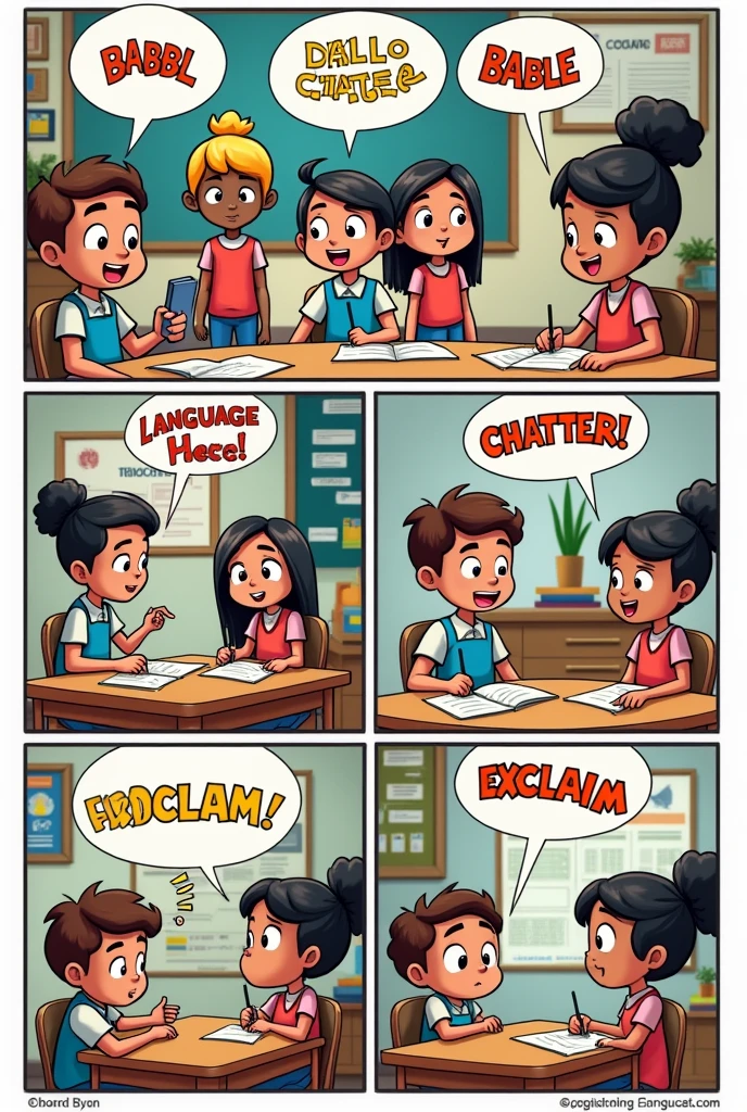 A 6-frame comic strip about Language Day. 3 of these must have 3 onomatopoeia.
