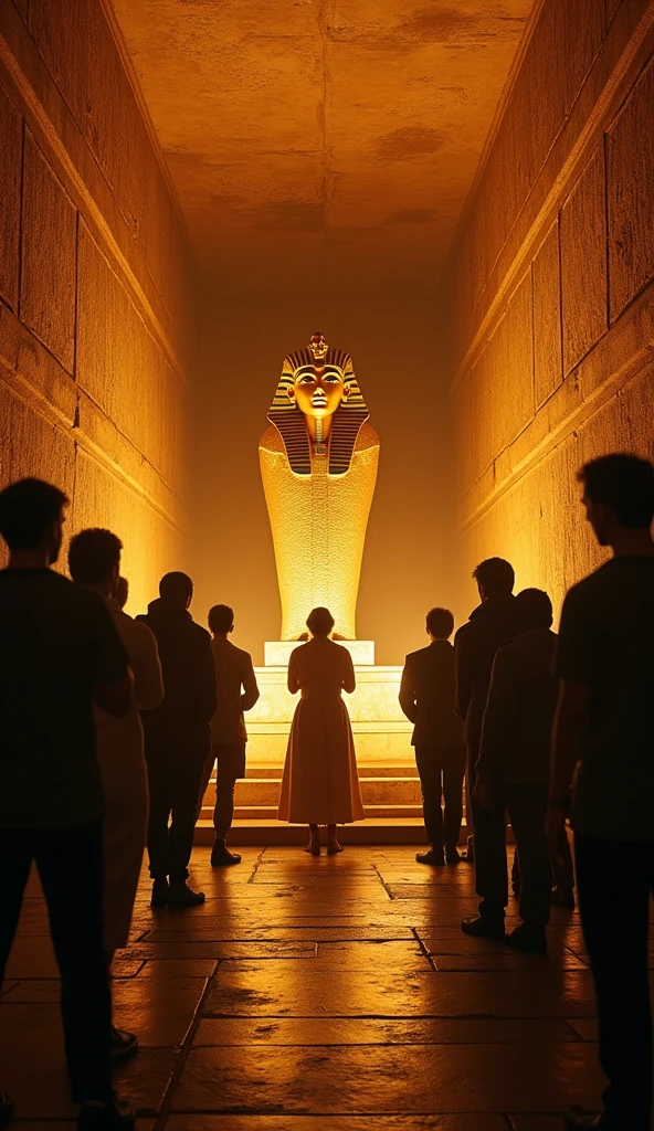 Close-up shot, Low angle shot, (A wide shot of King Tutankhamun's tomb, now fully illuminated by modern lighting, with tourists and archaeologists observing the treasures. In the foreground, a small group of people stand in reverence, looking at the golden coffin, their faces filled with awe and wonder. The background shows the intricate details of the tomb’s walls, covered in hieroglyphics, with a faint glow that hints at the ancient secrets still hidden within. The mood is one of timeless mystery and respect for the past.) unreal engine, 35mm lens, cinematic, highly detailed, hyper-realistic, ultra-realistic HD --q 2 --v 6.1 --ar 9:16