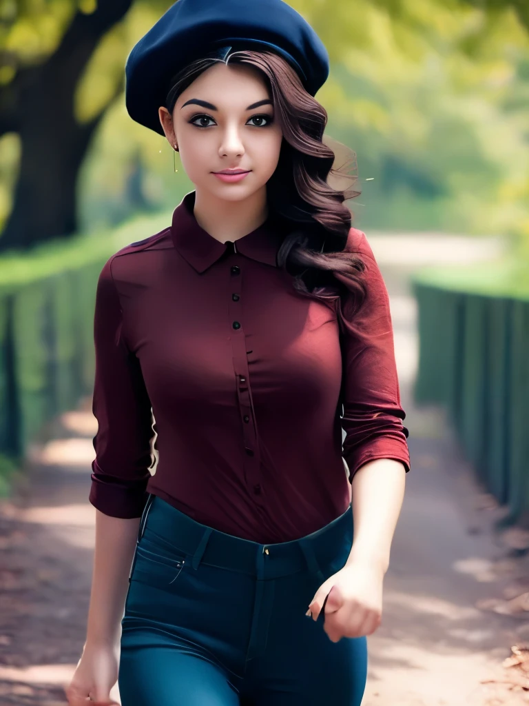 Masterpiece, Best Quality, 8K, Photographic Reality, Realistic, a girl ,20, with brown eyes, dark hair, wearing a collared shirt and red beret, walking through a forest