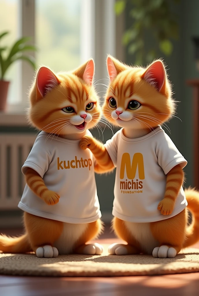A cat wearing a white t-shirt with yellow letters that say Kuchotop helping another cat wearing a Michis Foundation t-shirt