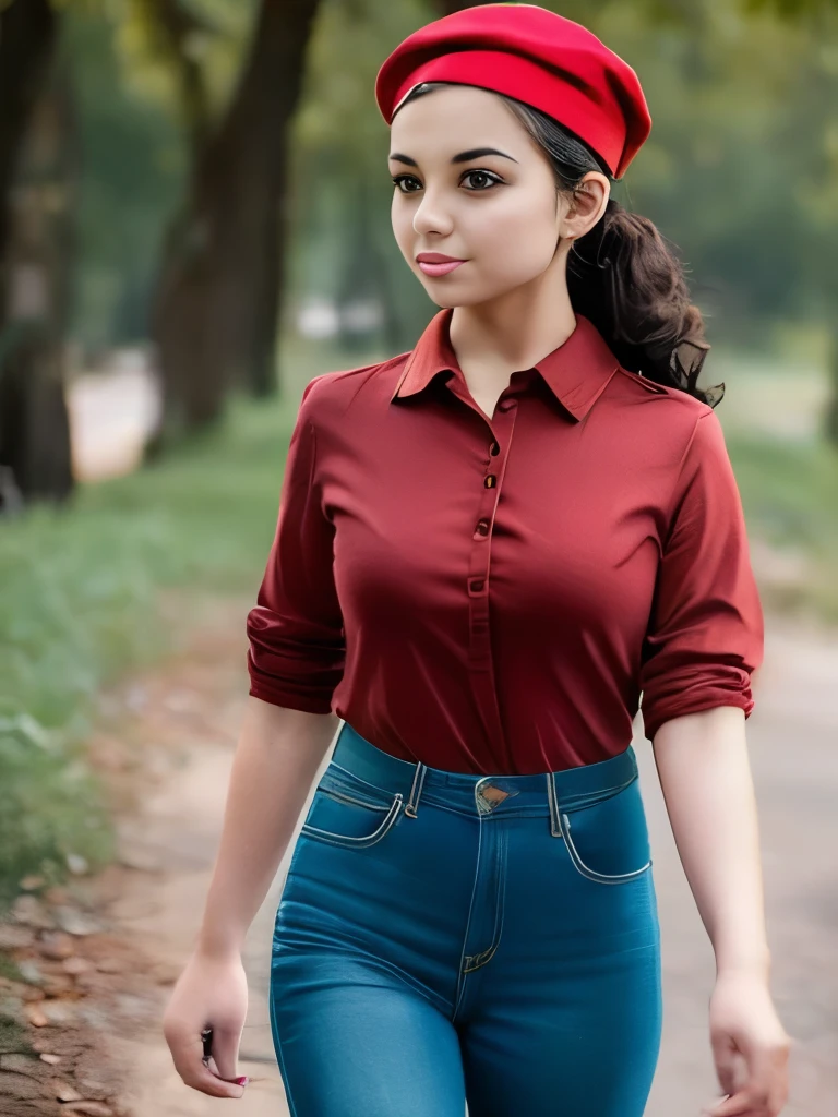 Masterpiece, Best Quality, 8K, Photographic Reality, Realistic, a girl ,20, with brown eyes, dark hair, wearing a collared shirt and red beret, walking through a forest